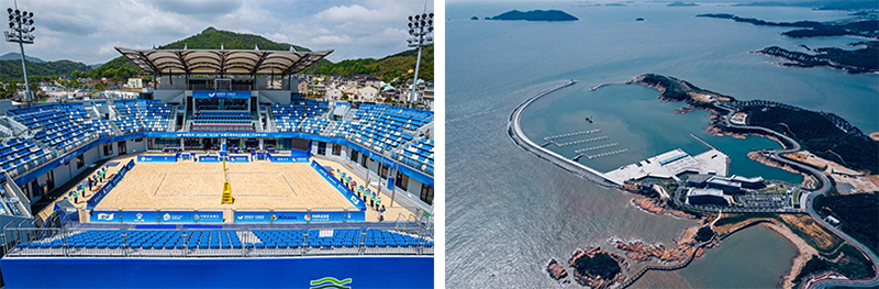 Trung tâm bóng chuyền bãi biển Ninh Ba (ảnh trái) và Trung tâm thuyền buồm Tượng Sơn (ảnh phải).