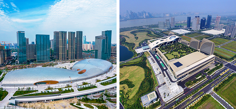 Nhà thi đấu và Cung thể thao dưới nước (ảnh trái) và Nhà thi đấu Squash (ảnh phải) Trung tâm thể thao Olympic Hàng Châu .