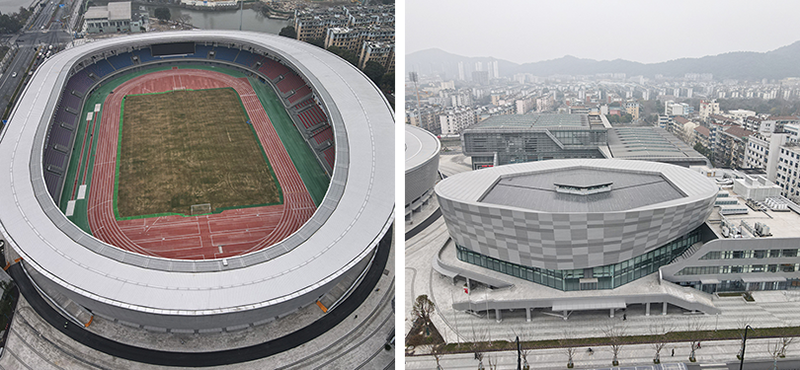 Sân vận động (ảnh trái) và Nhà thi đấu (ảnh phải) Trung tâm thể thao Túc Sơn.