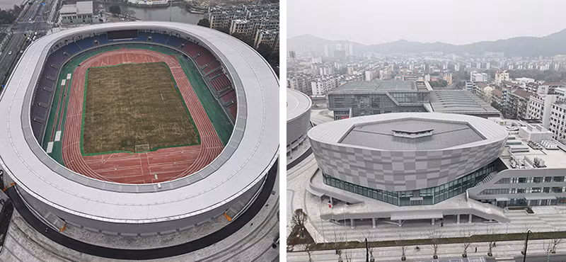 Sân vận động (ảnh trái) và Nhà thi đấu (ảnh phải) Trung tâm thể thao Túc Sơn.