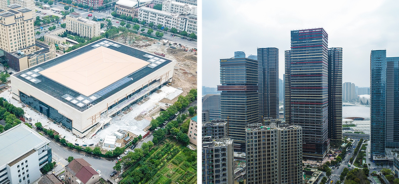 Nhà thi đấu Lâm Phổ (ảnh trái) và Viện cờ Hàng Châu (ảnh phải).