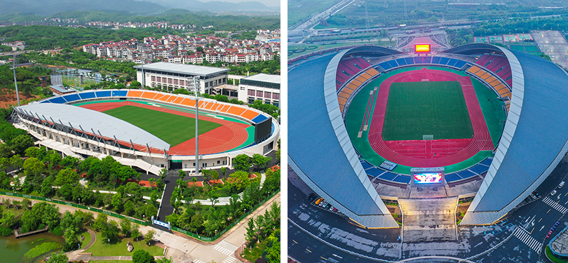 Sân vận động Đại học Sư phạm Chiết Giang (ảnh trái) và Sân vận động Trung tâm thể thao Kim Hoa (ảnh phải).
