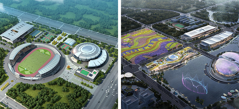 Nhà thi đấu Trung tâm thể thao Đức Thanh (ảnh trái) và Sân bóng rổ Đức Thanh (ảnh phải).