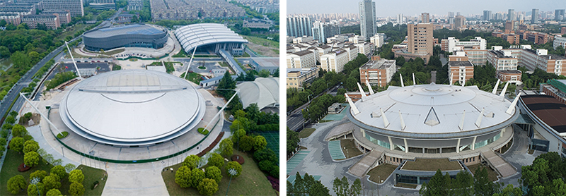 Nhà thi đấu Đại học Chiết Giang (ảnh trái) và Nhà thi đấu Đại học Kỹ thuật điện tử Hàng Châu (ảnh phải).