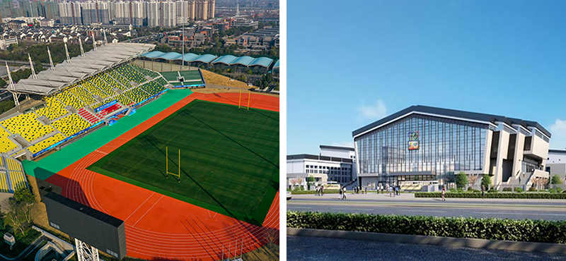 Sân vận động (ảnh trái) và Nhà thi đấu (ảnh phải) Đại học Sư phạm Hàng Châu.