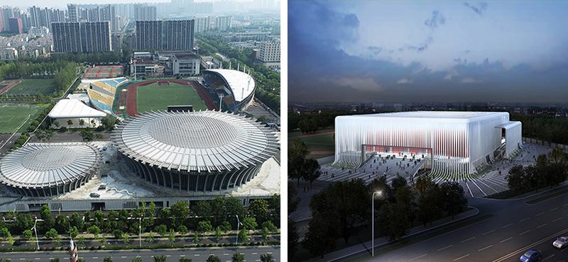 Trung tâm văn hóa Đại học Công thương Chiết Giang (ảnh trái) và Nhà thi đấu Đại học Sư phạm Chiết Giang (ảnh phải).