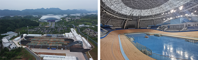 Trường đua xe đạp BMX (ảnh trái) và Nhà thi đấu xe đạp lòng chảo (ảnh phải) Trung tâm thể thao Thuần An.