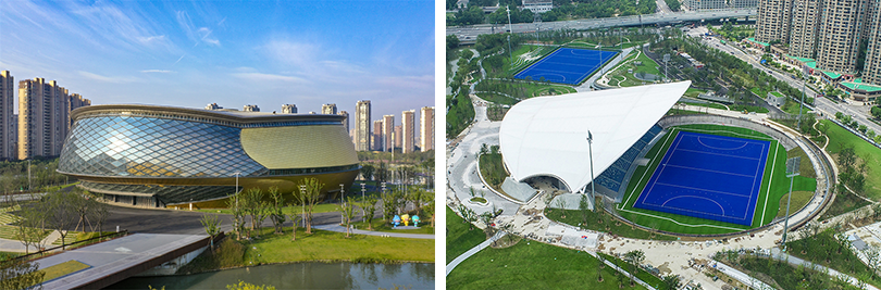 Nhà thi đấu (ảnh trái) và Sân vận động (ảnh phải) Công viên thể thao Vận hà.