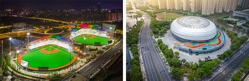 Trung tâm thể thao văn hóa bóng chày-bóng mềm Thiệu Hưng (ảnh trái) và Nhà thi đấu Trung tâm Thể thao Dệt may Trung Quốc (ảnh phải).