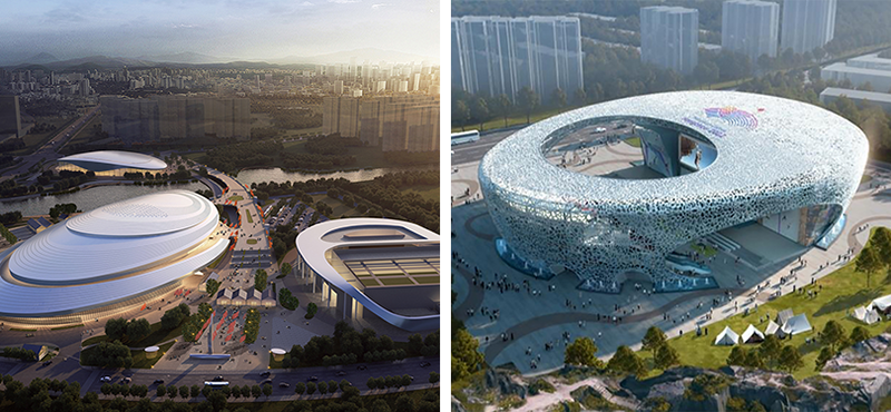 Nhà thi đấu Trung tâm thể thao Olympics Thiệu Hưng (ảnh trái) và Trung tâm leo núi thể thao Kha Kiều (ảnh phải).