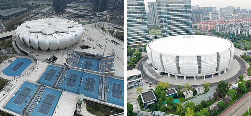 Sân quần vợt Trung tâm thể thao Olympic Hàng Châu (ảnh trái) và Nhà thi đấu Tân Giang (ảnh phải.