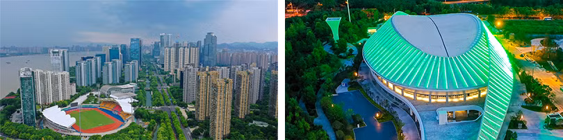 Sân vận động Trung tâm thể thao Thượng Thành (ảnh trái) và Trung tâm Roller Skating Tiền Đường (ảnh phải).