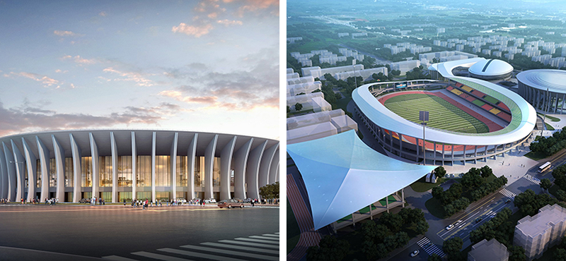 Nhà thi đấu (ảnh trái) và Sân vận động (ảnh phải) Trung tâm thể thao Lâm Bình.