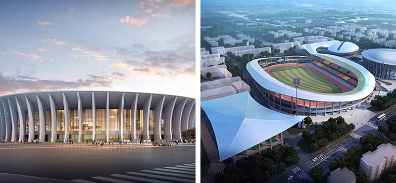 Nhà thi đấu (ảnh trái) và Sân vận động (ảnh phải) Trung tâm thể thao Lâm Bình.