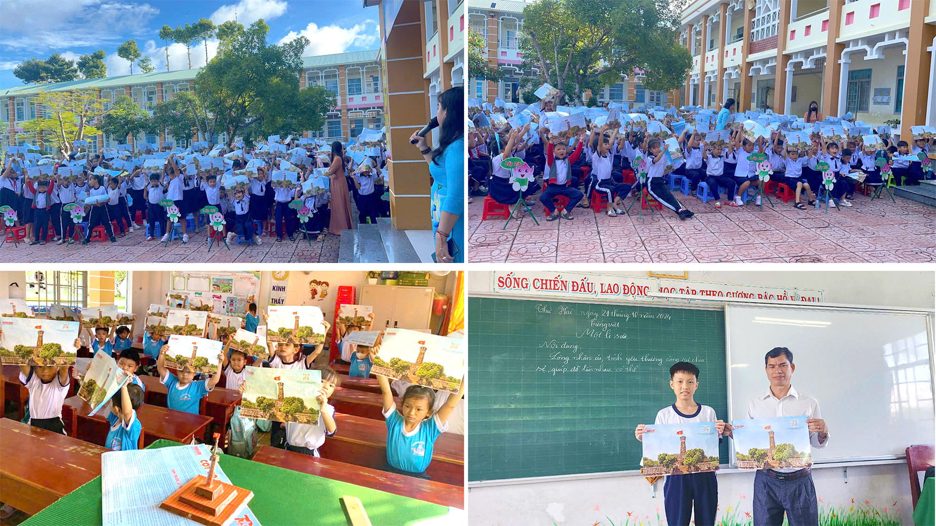 Các em hào hứng trải nghiệm phụ san Cột cờ Hà Nội dưới sân trường và trong lớp học.