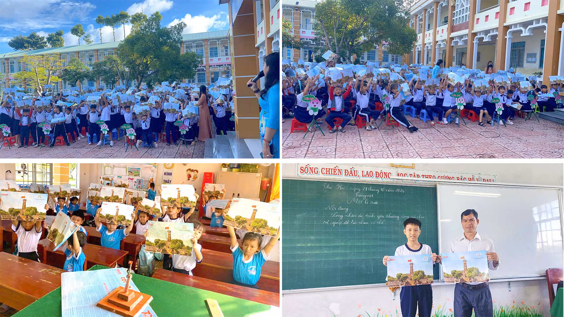 Các em hào hứng trải nghiệm phụ san Cột cờ Hà Nội dưới sân trường và trong lớp học.