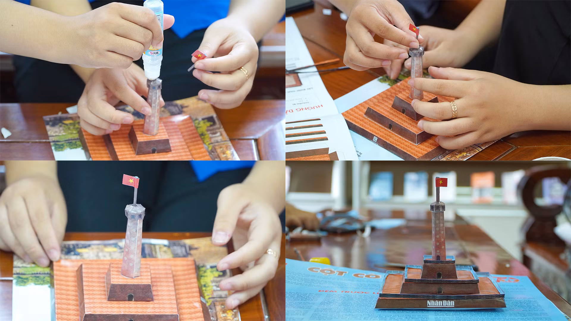 Đang hoàn thiện các công đoạn mô hình Cột cờ Hà Nội. (Ảnh: HỮU NGHĨA)