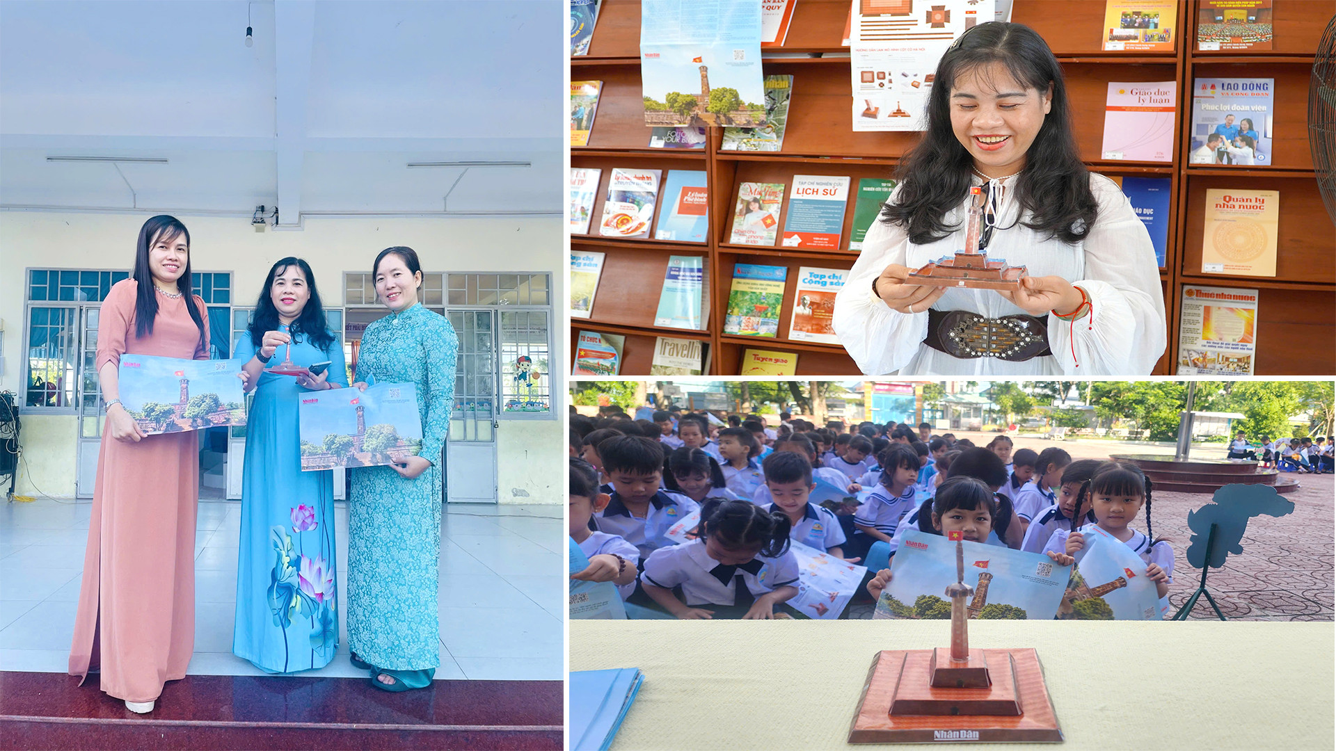 Cô và trò Trường tiểu học Bùi Thị Xuân thích thú trải nghiệm phụ san Cột cờ Hà Nội.