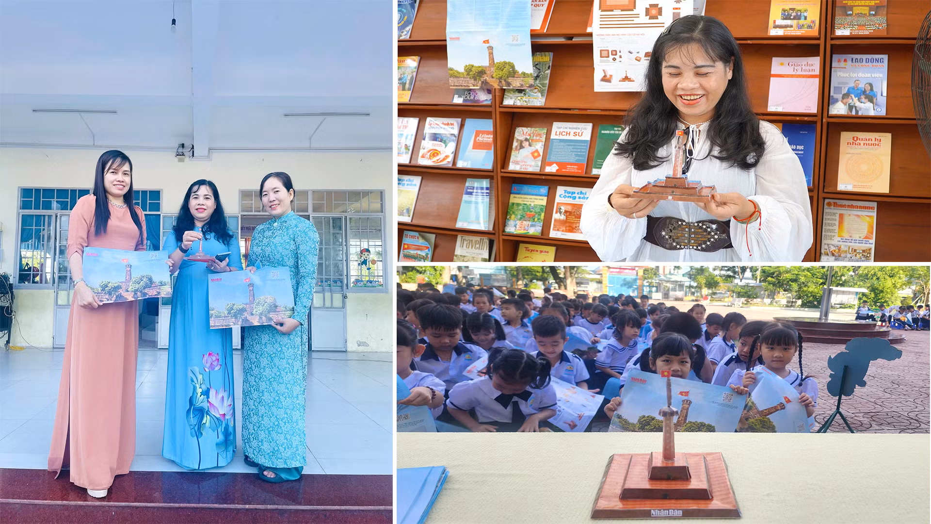 Cô và trò Trường tiểu học Bùi Thị Xuân thích thú trải nghiệm phụ san Cột cờ Hà Nội.