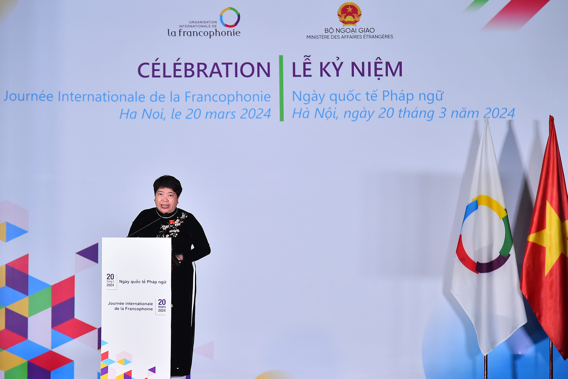 Đồng chí Nguyễn Thúy Anh, Ủy viên Trung ương Đảng, Chủ nhiệm Ủy ban Xã hội của Quốc hội, Chủ tịch phân ban Việt Nam trong Liên minh Nghị viện Pháp ngữ phát biểu tại Lễ kỷ niệm Ngày quốc tế Pháp ngữ.