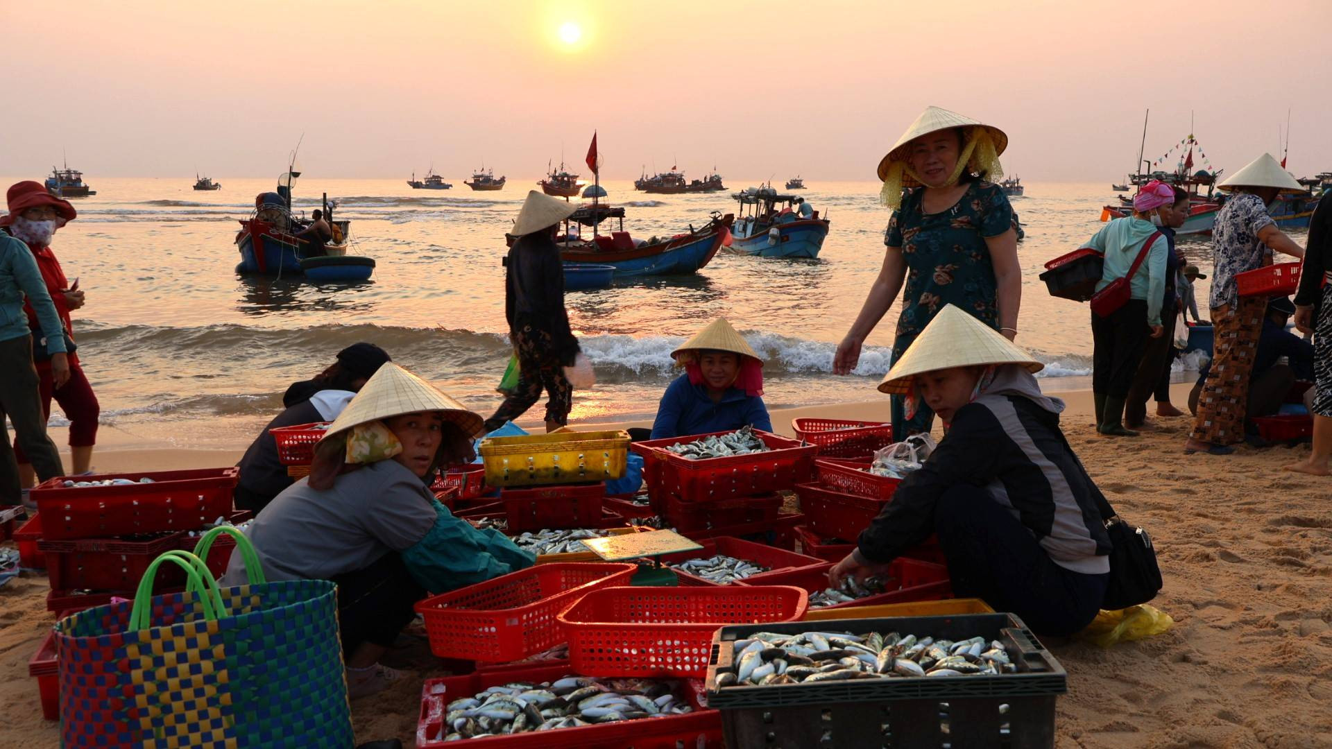 Đàn ông chuyển cá từ thuyền vào bờ, phụ nữ mua bán theo từng nhóm để kịp chuyển cá đi trước 6 giờ sáng.