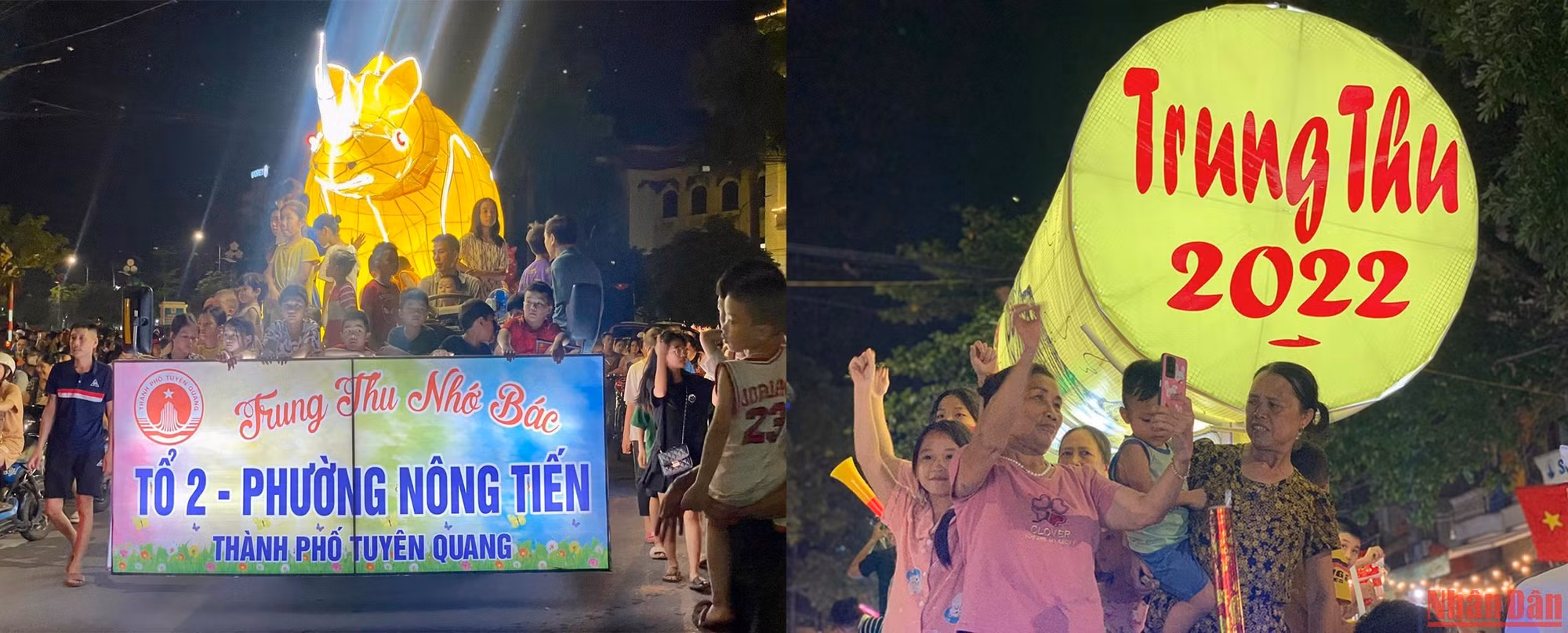 Người lớn và trẻ em ngồi quây kín và cùng nhau reo hò trên các mô hình đèn Trung thu hết sức độc đáo, tạo nên không khí vô cùng náo nhiệt.