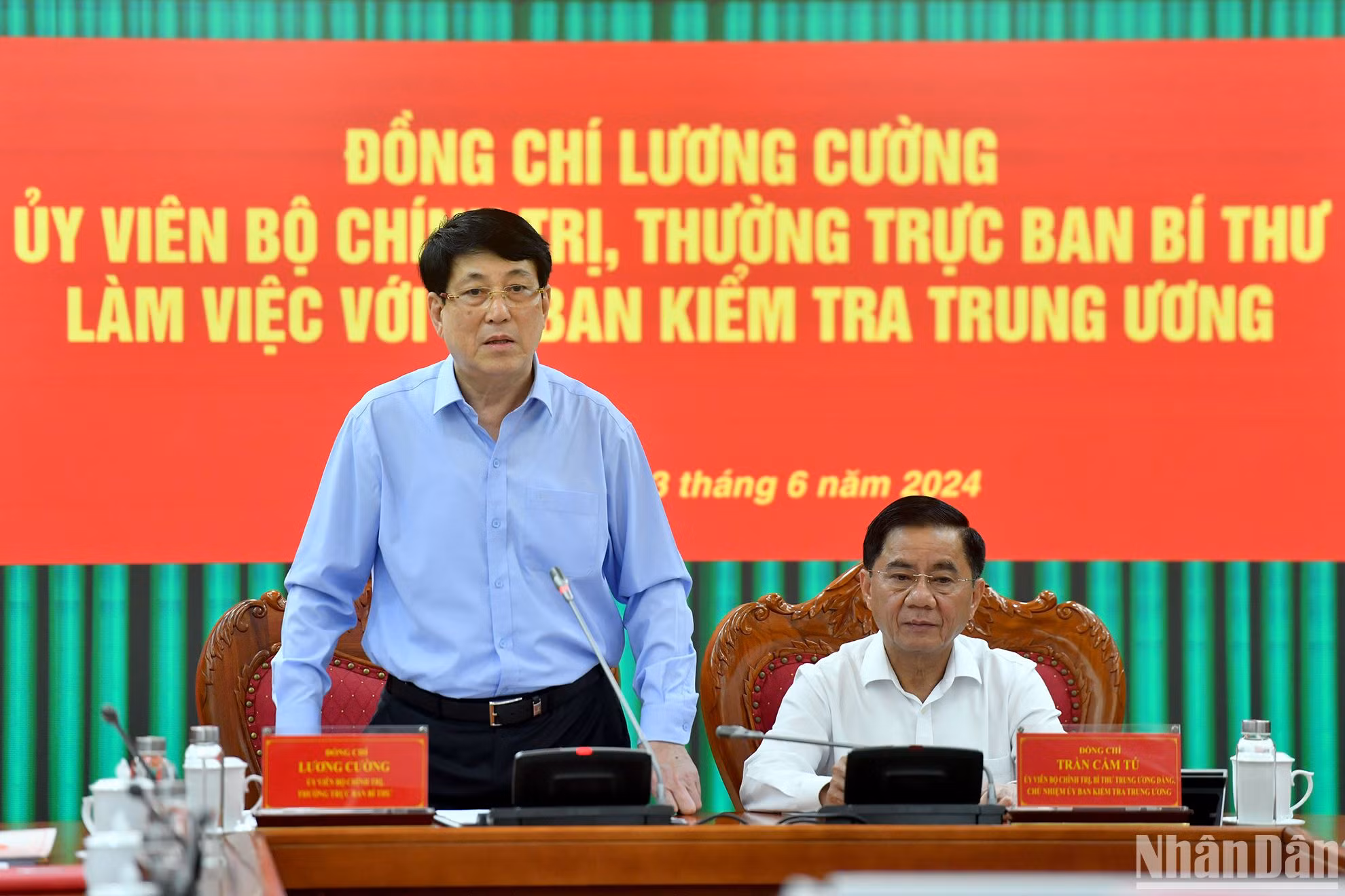 Đồng chí Lương Cường, Ủy viên Bộ Chính trị, Thường trực Ban Bí thư phát biểu tại buổi làm việc với Ủy ban Kiểm tra Trung ương.