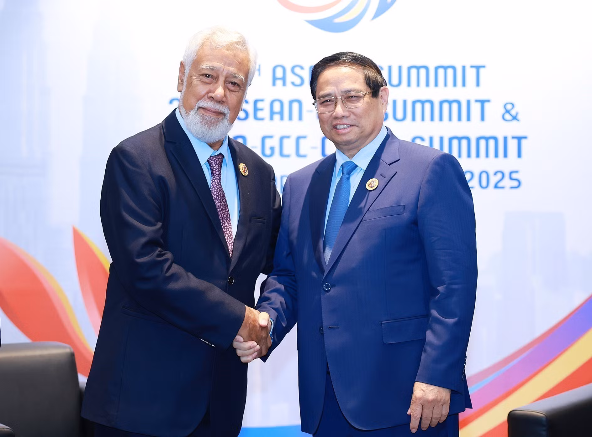 Thủ tướng Phạm Minh Chính gặp Thủ tướng Timor-Leste Xanana Gusmao. (Ảnh: Dương Giang/TTXVN)