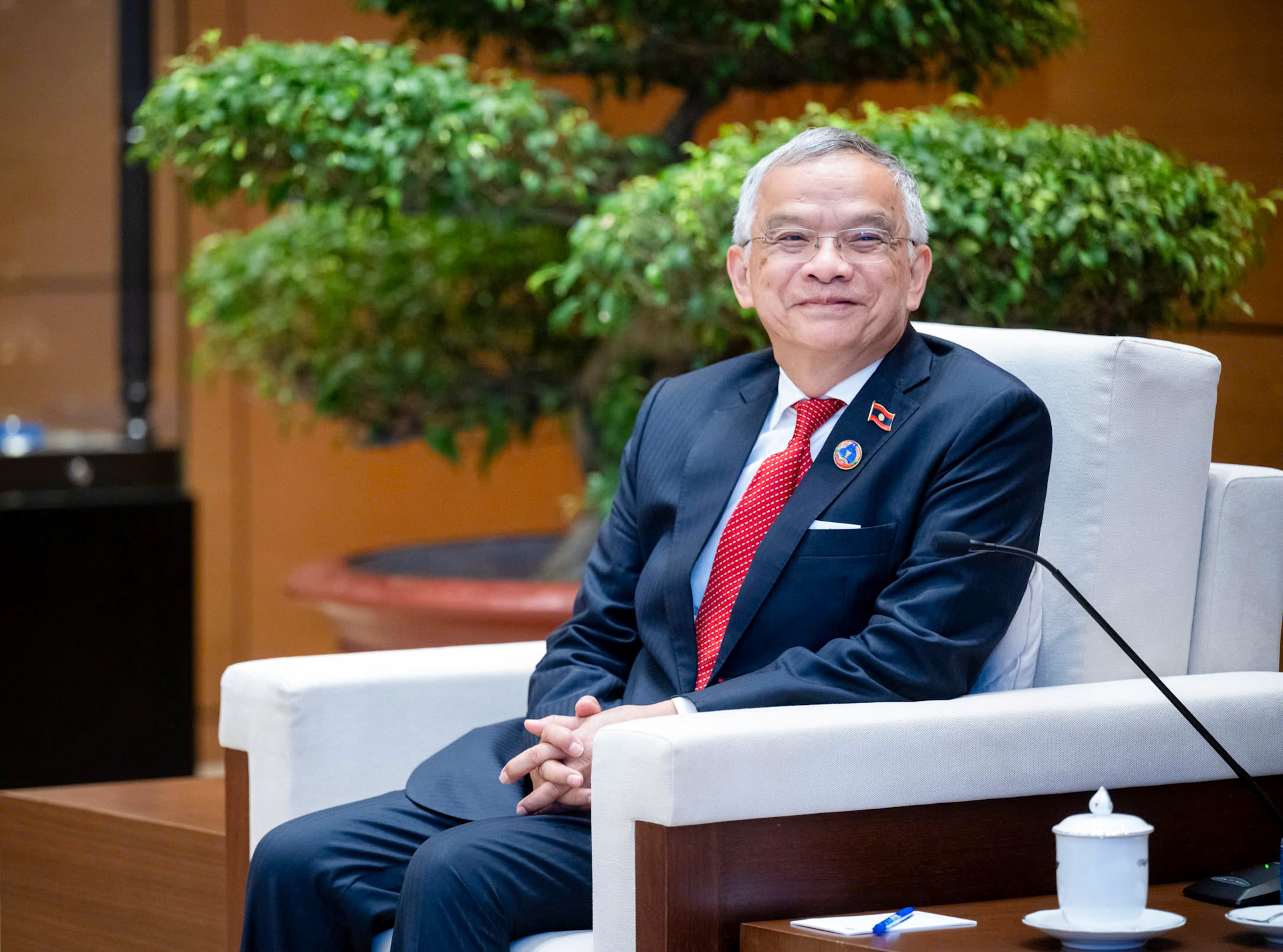 Phó Chủ tịch Quốc hội, Chủ tịch Ủy ban Hòa bình và Đoàn kết Lào Sommad Pholsena phát biểu tại cuộc tiếp.