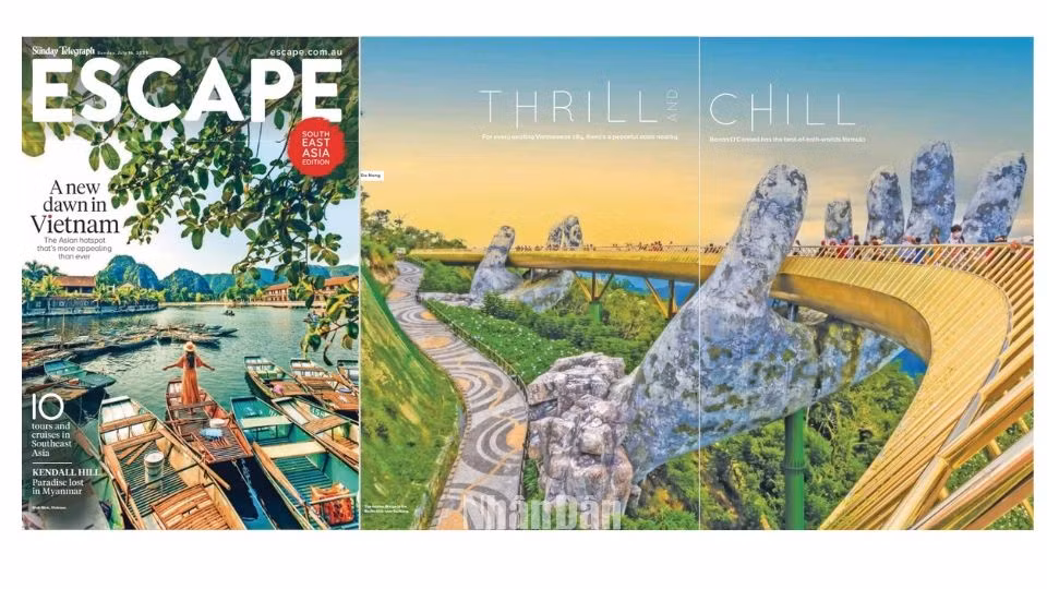 Escape đã dành hẳn 2 trang lớn để đăng tải hình ảnh lung linh của cây Cầu Vàng, Đà Nẵng. 