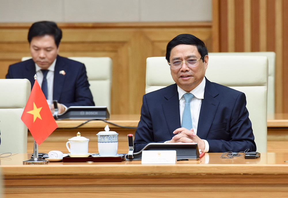 Thủ tướng Phạm Minh Chính phát biểu tại buổi hội đàm với Thủ tướng Australia Anthony Albanese.