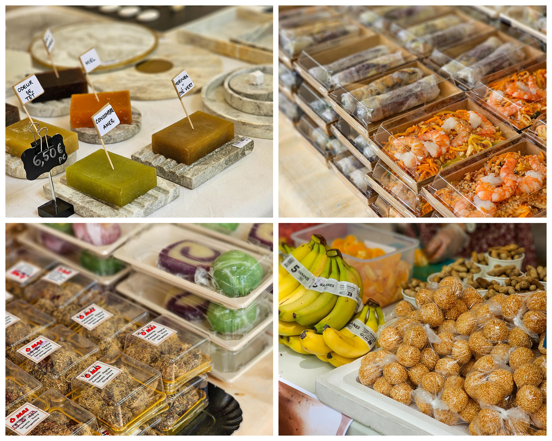 Một số món ăn đặc sắc như gỏi tôm, bánh rán, ô mai, bánh da lợn… và nhiều sản phẩm thủ công được giới thiệu tại lễ hội năm nay. (Ảnh: MINH DUY)