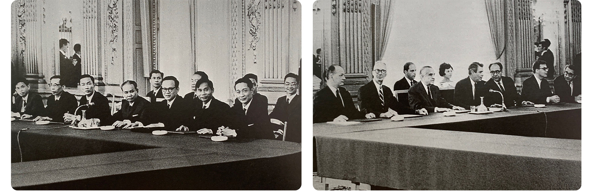 Cuộc gặp chính thức giữa đoàn Việt Nam Dân chủ Cộng hòa và đoàn Mỹ tại Paris, ngày 13/5/1968. (Ảnh bên trái: Bộ trưởng Xuân Thủy và các cố vấn; ảnh bên phải: đoàn Mỹ). (Nguồn: Hiệp định Paris 1973 - Bước ngoặt tiến tới hòa bình, Nhà xuất bản Thông tấn)