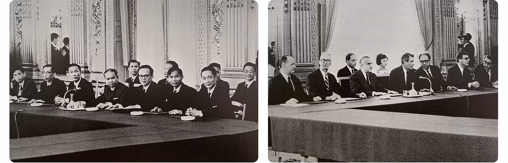 Cuộc gặp chính thức giữa đoàn Việt Nam Dân chủ Cộng hòa và đoàn Mỹ tại Paris, ngày 13/5/1968. (Ảnh bên trái: Bộ trưởng Xuân Thủy và các cố vấn; ảnh bên phải: đoàn Mỹ). (Nguồn: Hiệp định Paris 1973 - Bước ngoặt tiến tới hòa bình, Nhà xuất bản Thông tấn)