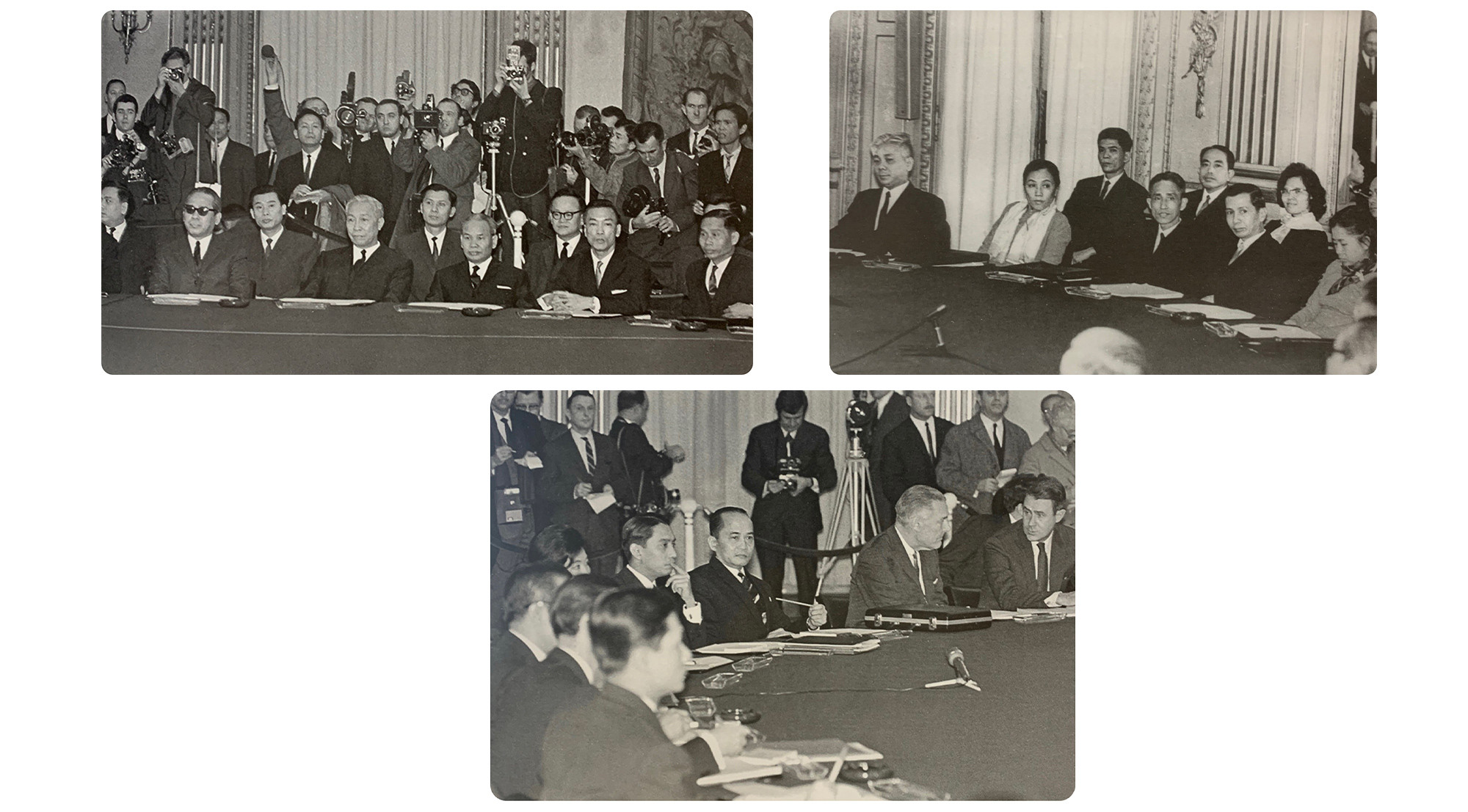 Hội nghị 4 bên gồm đại diện của Việt Nam Dân chủ Cộng hòa (ảnh bên trái), Mặt trận Dân tộc giải phóng miền nam Việt Nam (ảnh bên phải), Mỹ và Việt Nam Cộng hòa (giữa) tại phiên khai mạc ngày 25/1/1969. (Nguồn: Hiệp định Paris 1973 - Bước ngoặt tiến tới hòa bình, Nhà xuất bản Thông tấn)