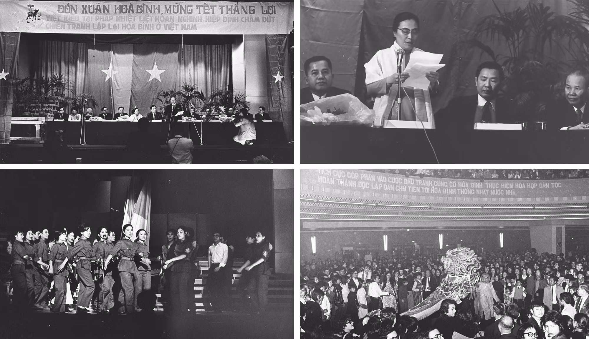 Kiều bào tổ chức mít-tinh ở Nhà hát Maubert-Mutualité, ngày 27/1/1973, để chúc mừng Hiệp định Paris được ký kết. Sự kiện có sự tham gia của đại diện hai đoàn đàm phán Việt Nam Dân chủ Cộng hòa và Chính phủ Cách mạng lâm thời Cộng hòa miền nam Việt Nam. (Ảnh: Lê Xuân Tấn)