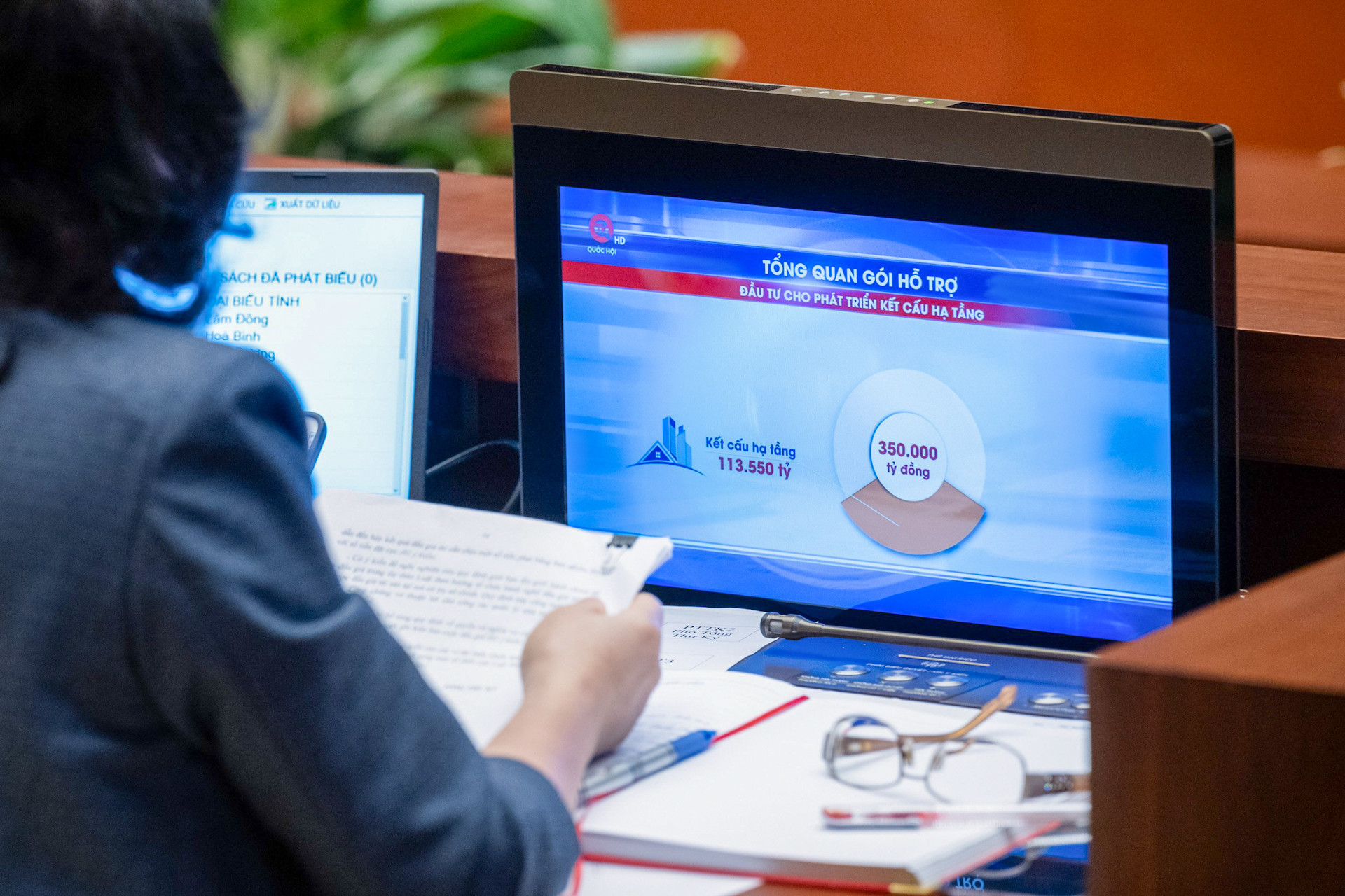 Đại biểu Quốc hội xem videoclip về việc triển khai thực hiện Nghị quyết số 43/2022/QH15 ngày 11/01/2022 của Quốc hội.