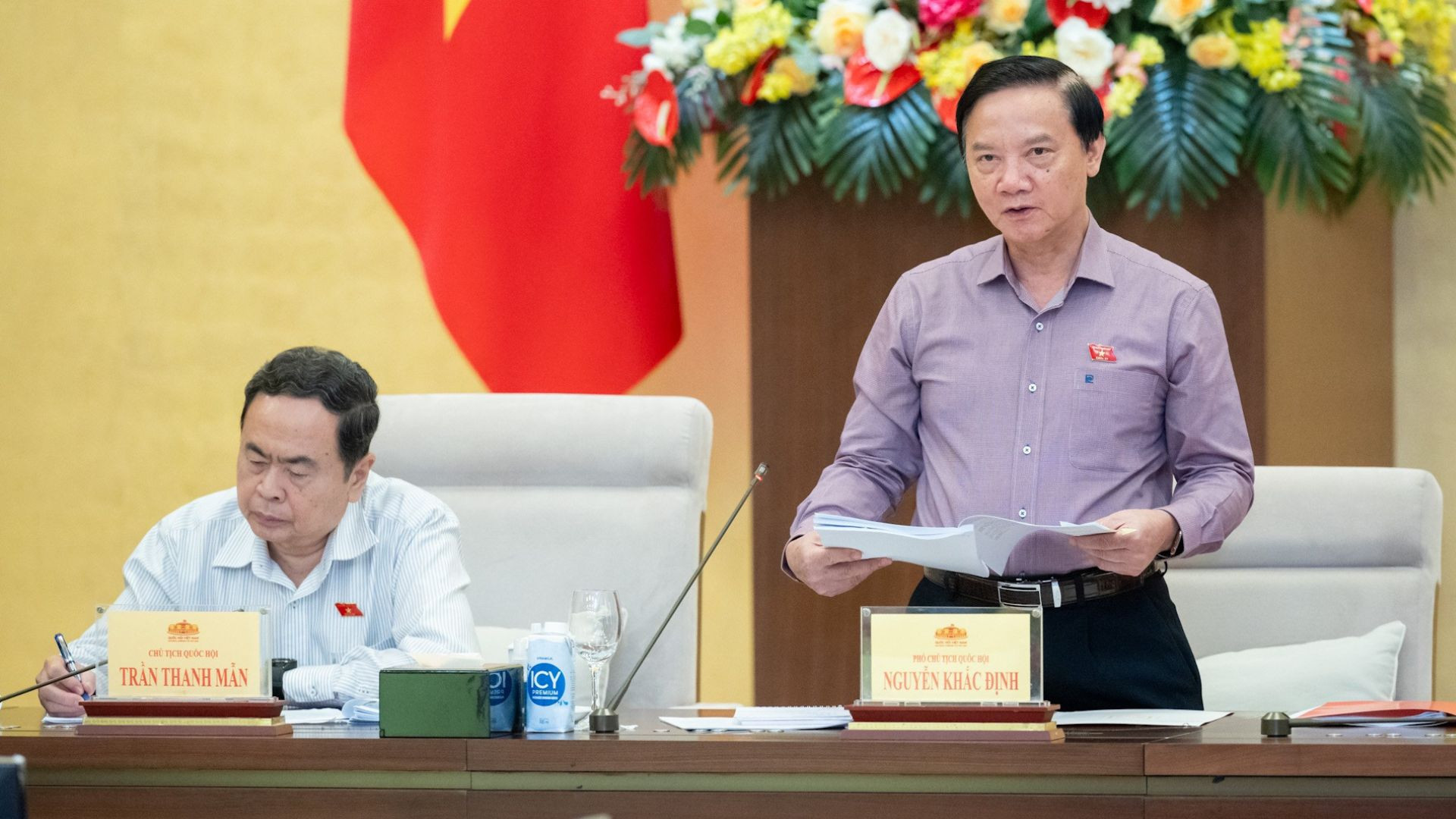 Phó Chủ tịch Quốc hội Nguyễn Khắc Định phát biểu tại cuộc họp.