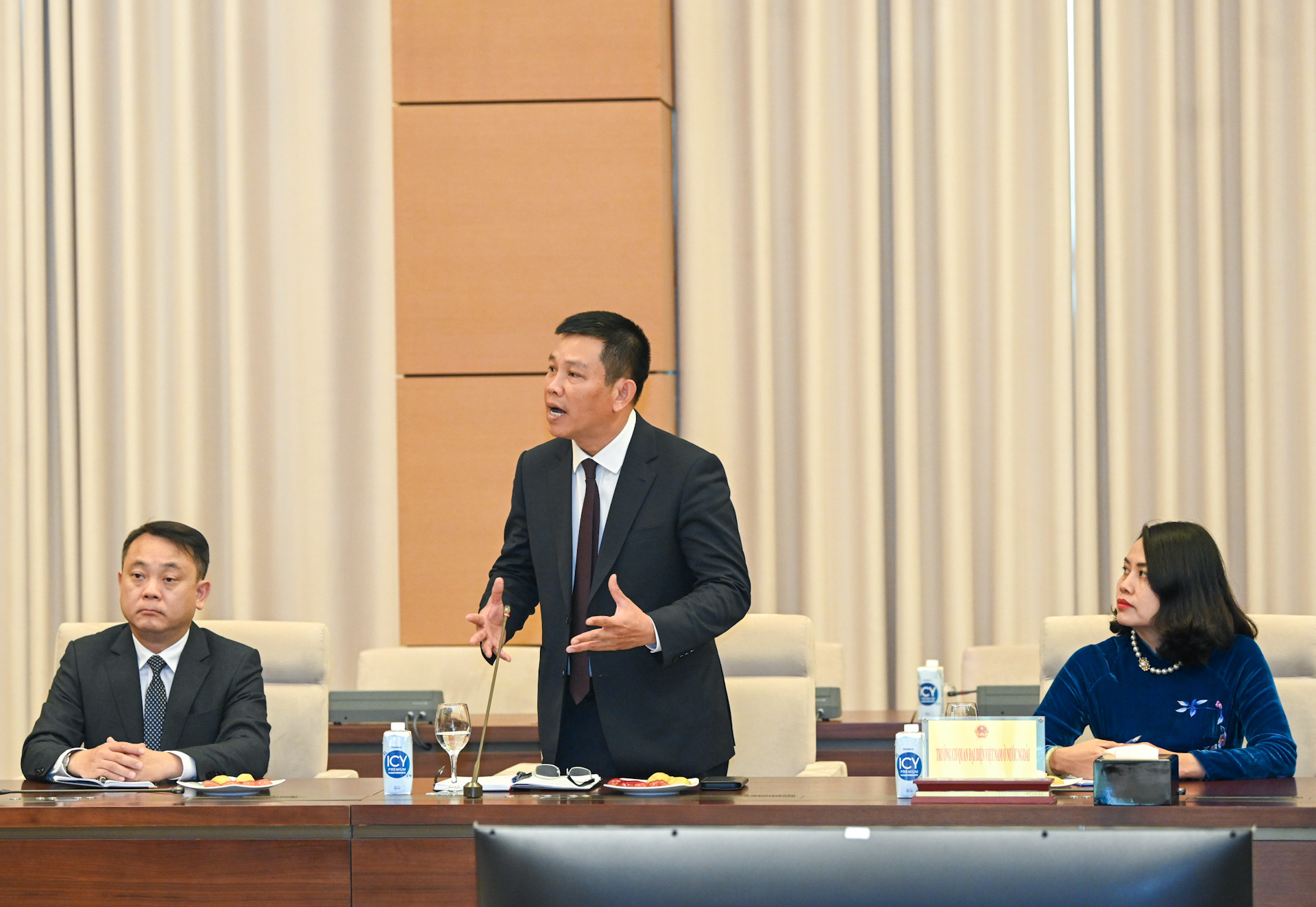 Ông Vũ Trung Mỹ, Đại sứ đặc mệnh toàn quyền tại Cộng hòa Bolivarian Venezuela, kiêm nhiệm Cộng hòa Colombia, Liên bang Grenada, Quốc đảo Barbados, Quốc đảo St. Vincent và Grenadines phát biểu tại buổi tiếp.