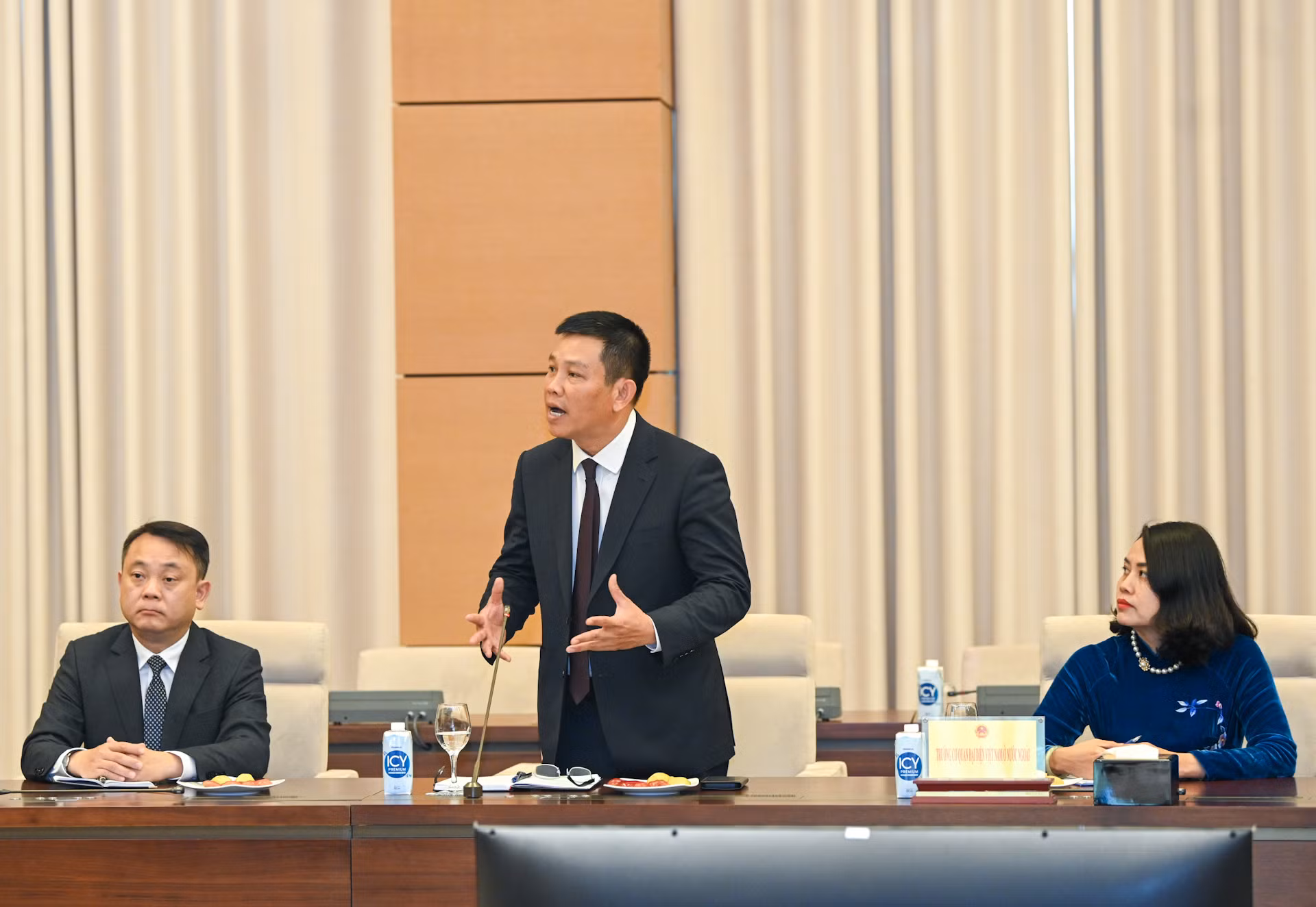 Ông Vũ Trung Mỹ, Đại sứ đặc mệnh toàn quyền tại Cộng hòa Bolivarian Venezuela, kiêm nhiệm Cộng hòa Colombia, Liên bang Grenada, Quốc đảo Barbados, Quốc đảo St. Vincent và Grenadines phát biểu tại buổi tiếp.