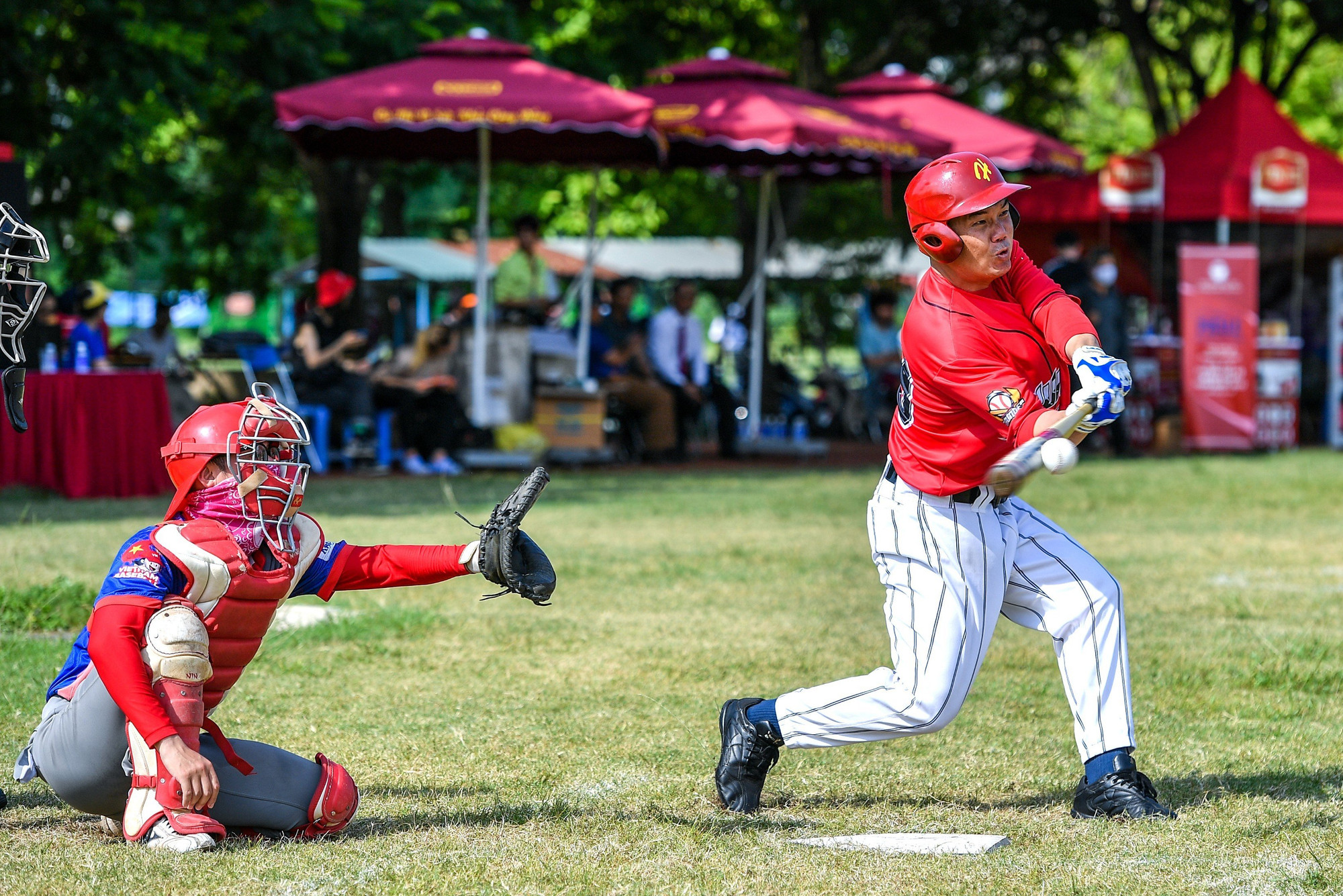 Batter của Ho Chi Minh City Thunders đánh trúng bóng.