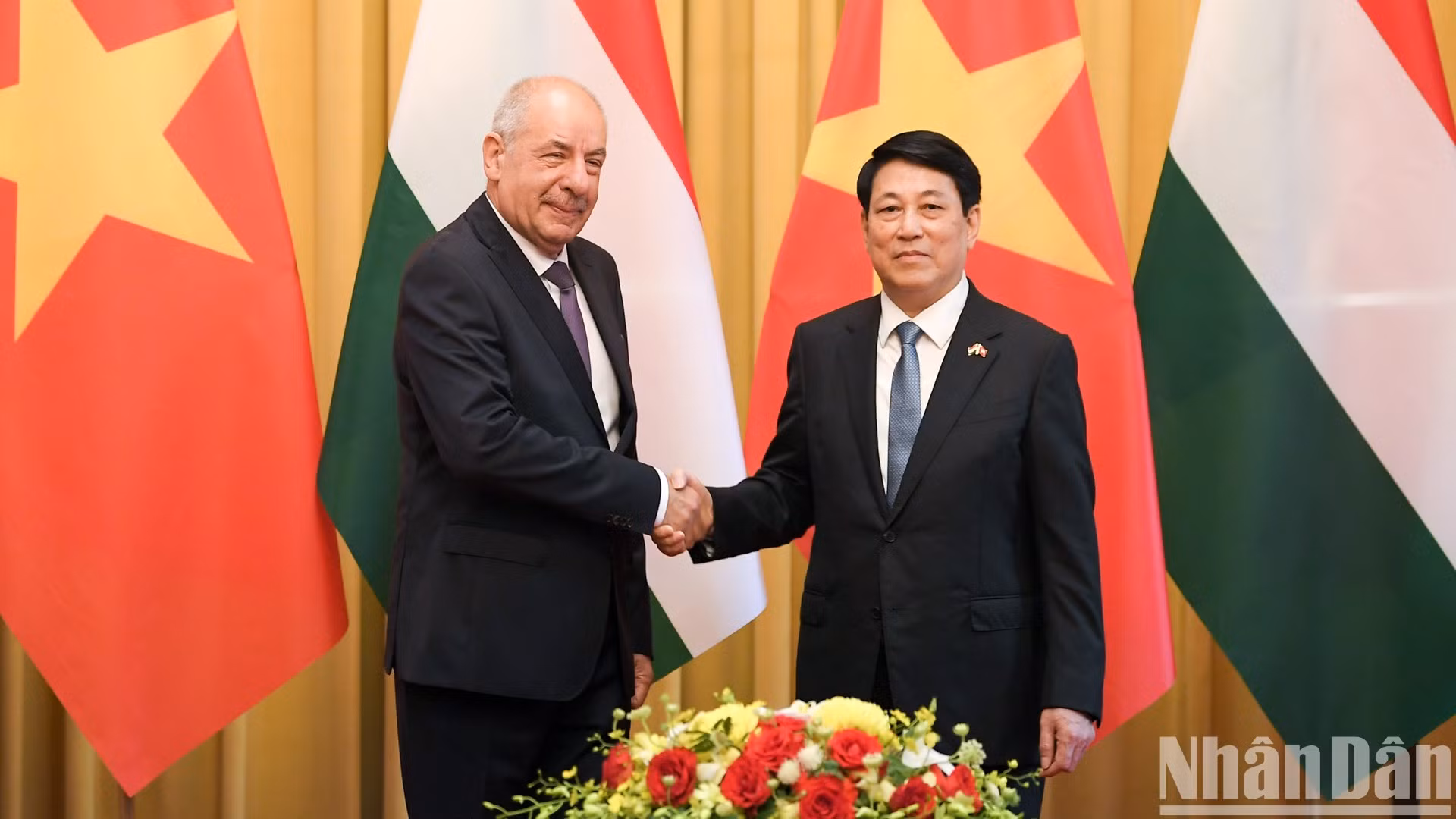 Chủ tịch nước Lương Cường và Tổng thống Hungary Sulyok Tamás chụp ảnh chung tại hội đàm.