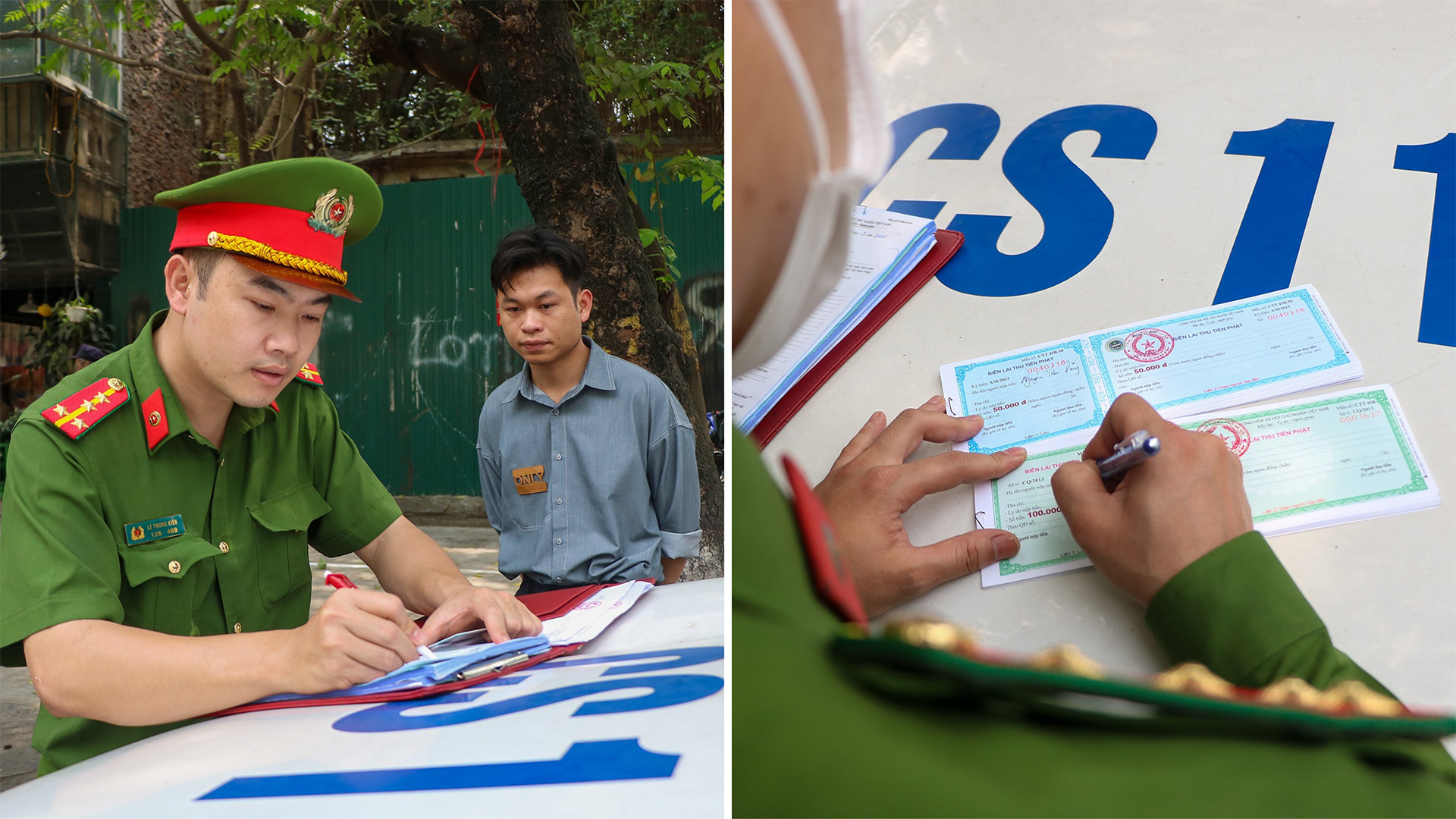 Công an phường Thành Công, quận Ba Đình, Hà Nội lập biên bản xử phạt hành chính vi phạm trật tự an toàn giao thông ngày 21/3/2023. (Ảnh: Nhật Quang)