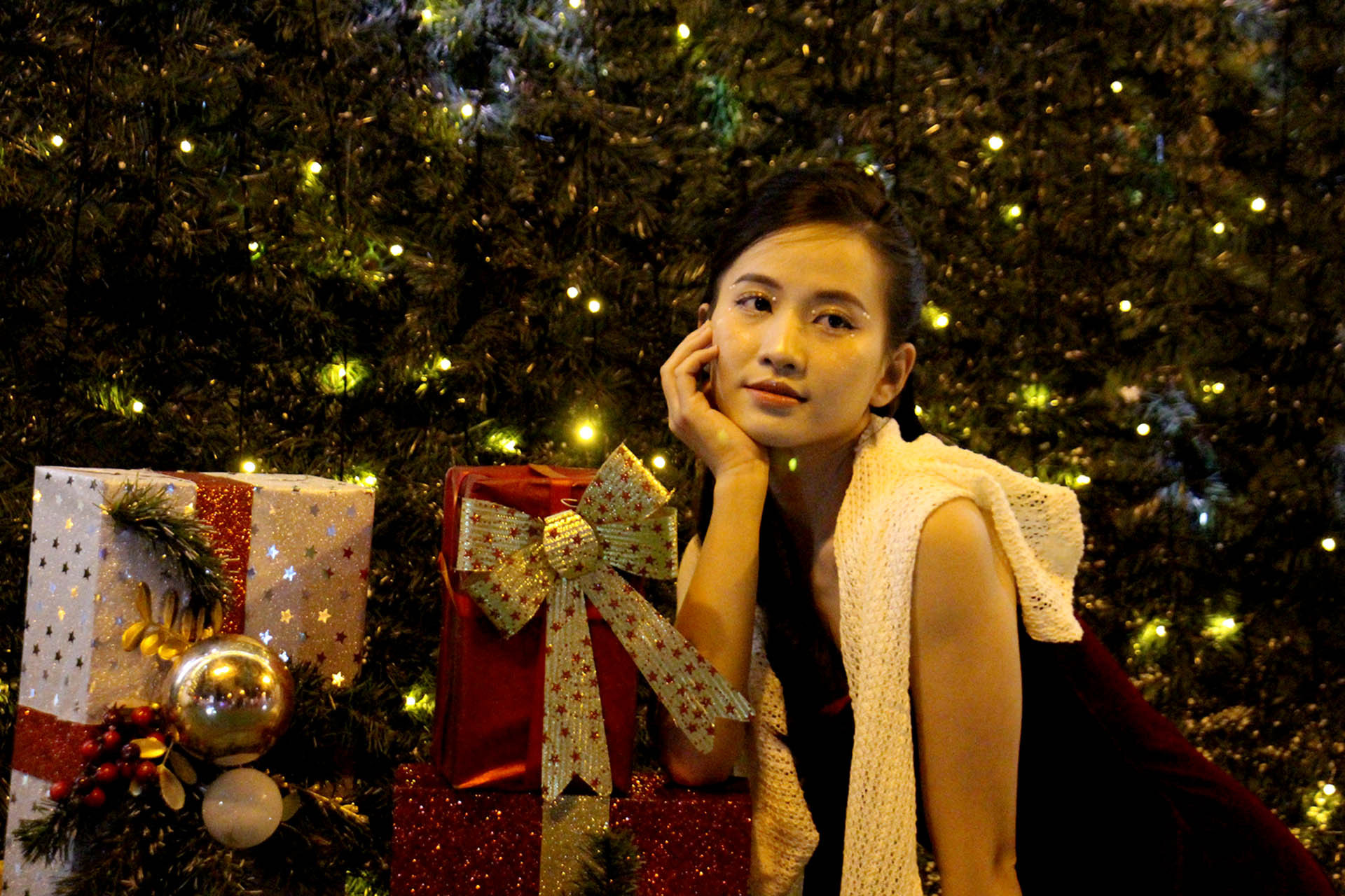 Bạn trẻ lưu lại những khoảnh khắc rực rỡ, sinh động từ tiểu cảnh đàn tuần lộc, cây thông Noel và những hộp quà đầy sắc màu...