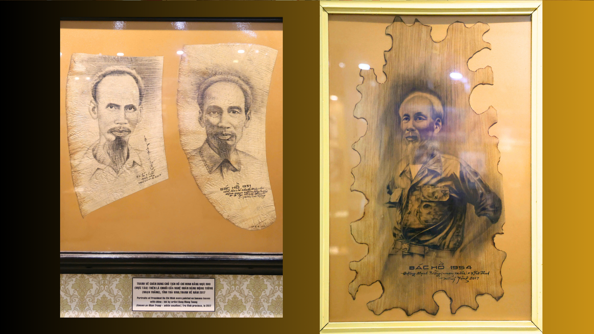 Tranh vẽ chân dung Chủ tịch Hồ Chí Minh bằng mực nho trên lá chuối, mo cau của nghệ nhân Đặng Mộng Tường.