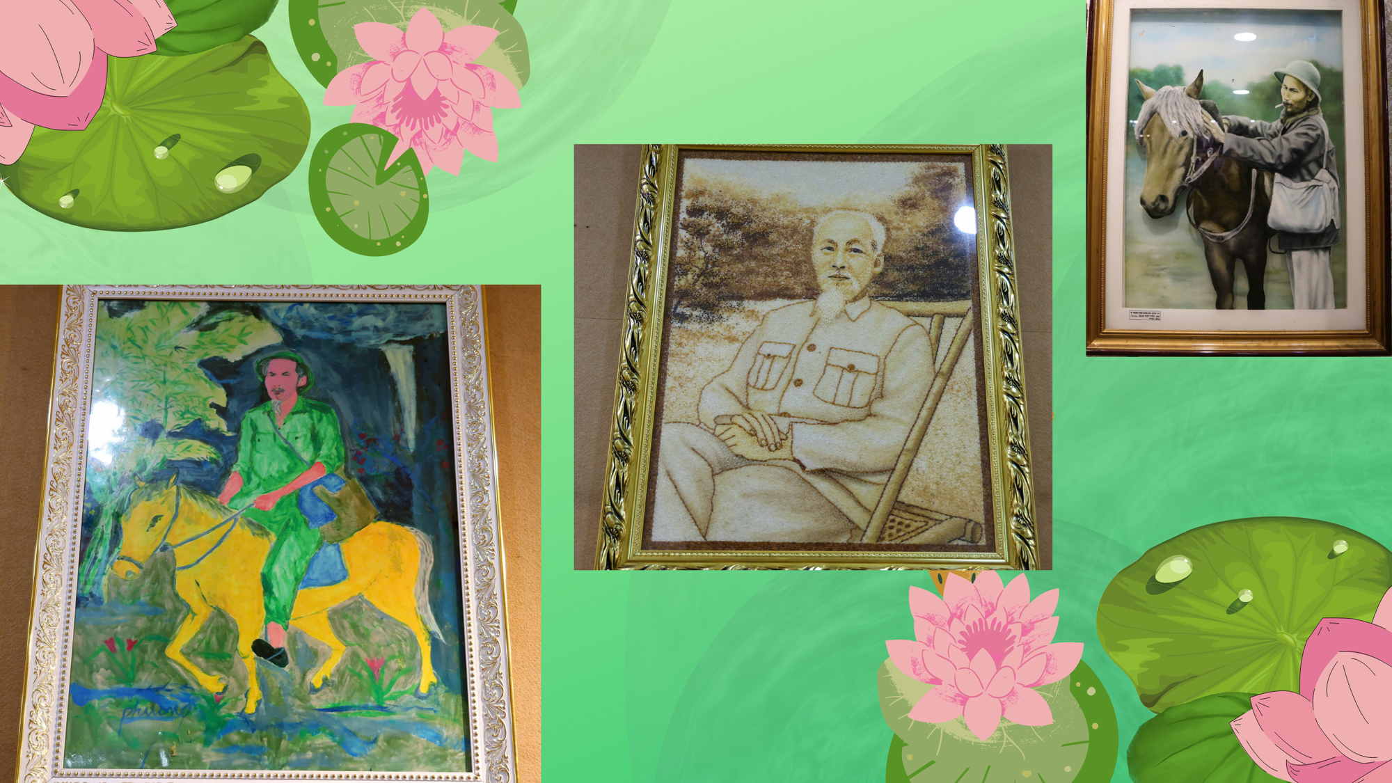 Tranh chân dung và hình ảnh Bác Hồ qua các chất liệu khác nhau của nhiều tác giả.