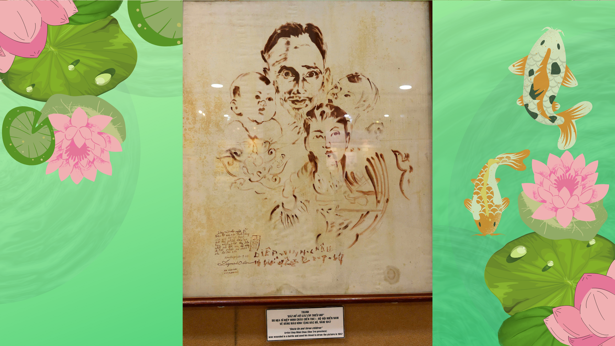 Bức tranh “Hồ Chủ tịch với 3 cháu thiếu nhi bắc-trung-nam” (2/9/1947), chất liệu vẽ bằng máu của họa sĩ Diệp Minh Châu.