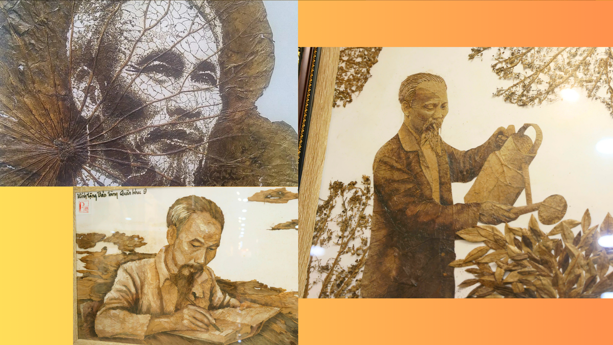 Các bức tranh Chủ tịch Hồ Chí Minh làm bằng lá sen của Nghệ nhân Lê Văn Bảy.