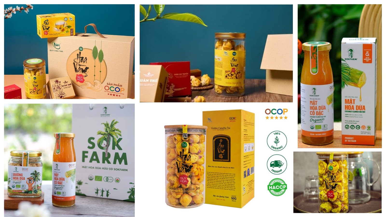 Trà hoa vàng Quy Hoa (Quảng Ninh) và mật hoa dừa Sokfarm (Trà Vinh) là hai sản phẩm đã được công nhận OCOP 5 sao cấp quốc gia.