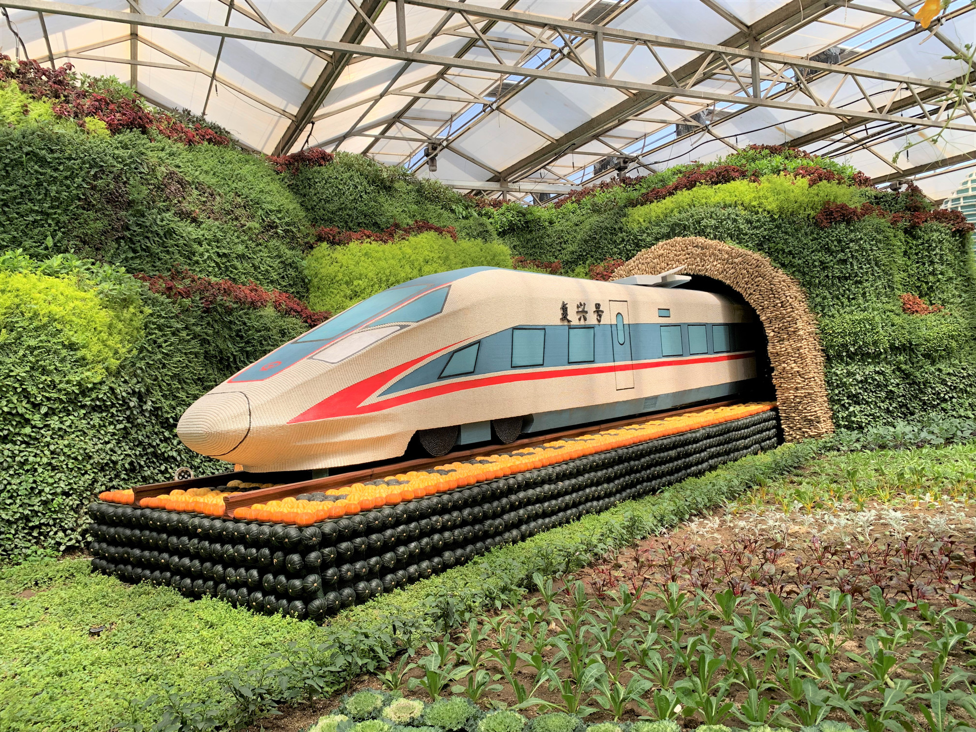 Những mô hình bắt mắt được làm hoàn toàn bằng rau củ quả, thu hút rất đông người tham quan. (Ảnh: HỮU HƯNG, HỒ QUÂN)